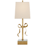 Ellery Gros-Grain Bow Table Lamp in Soft Brass and Mirror with Cream Linen Shade
